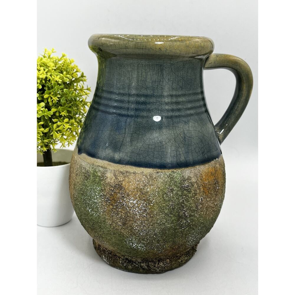 Vintage Studio Pottery Stoneware Pitcher Rustic Farmhouse Blue & Earth Glaze